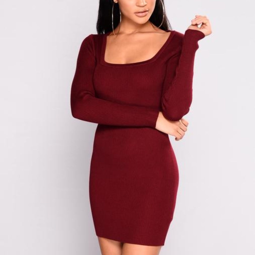 Fashion Nova - Giselle Ribbed Mini Dress Burgundy
